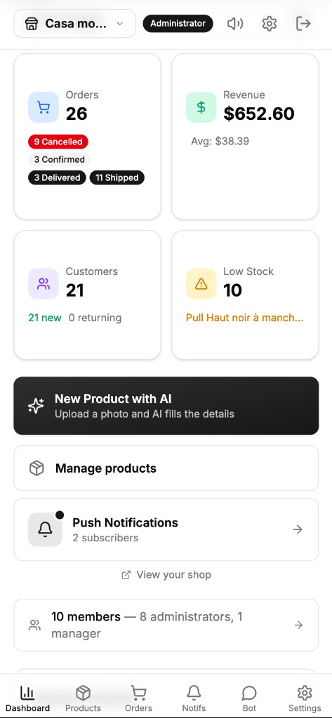 Galeries.shop merchant dashboard on a phone, showing orders, revenue, and AI product listing.