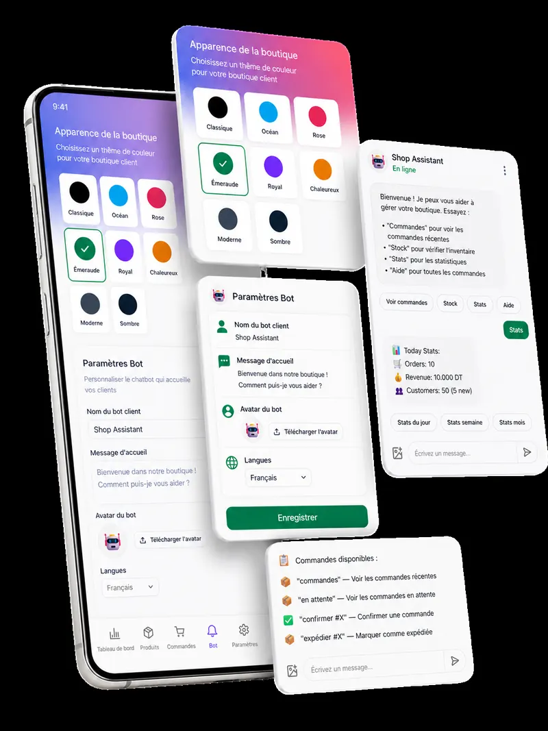 Galeries.shop storefront and dashboard used to create a shop, share a link, and manage orders.